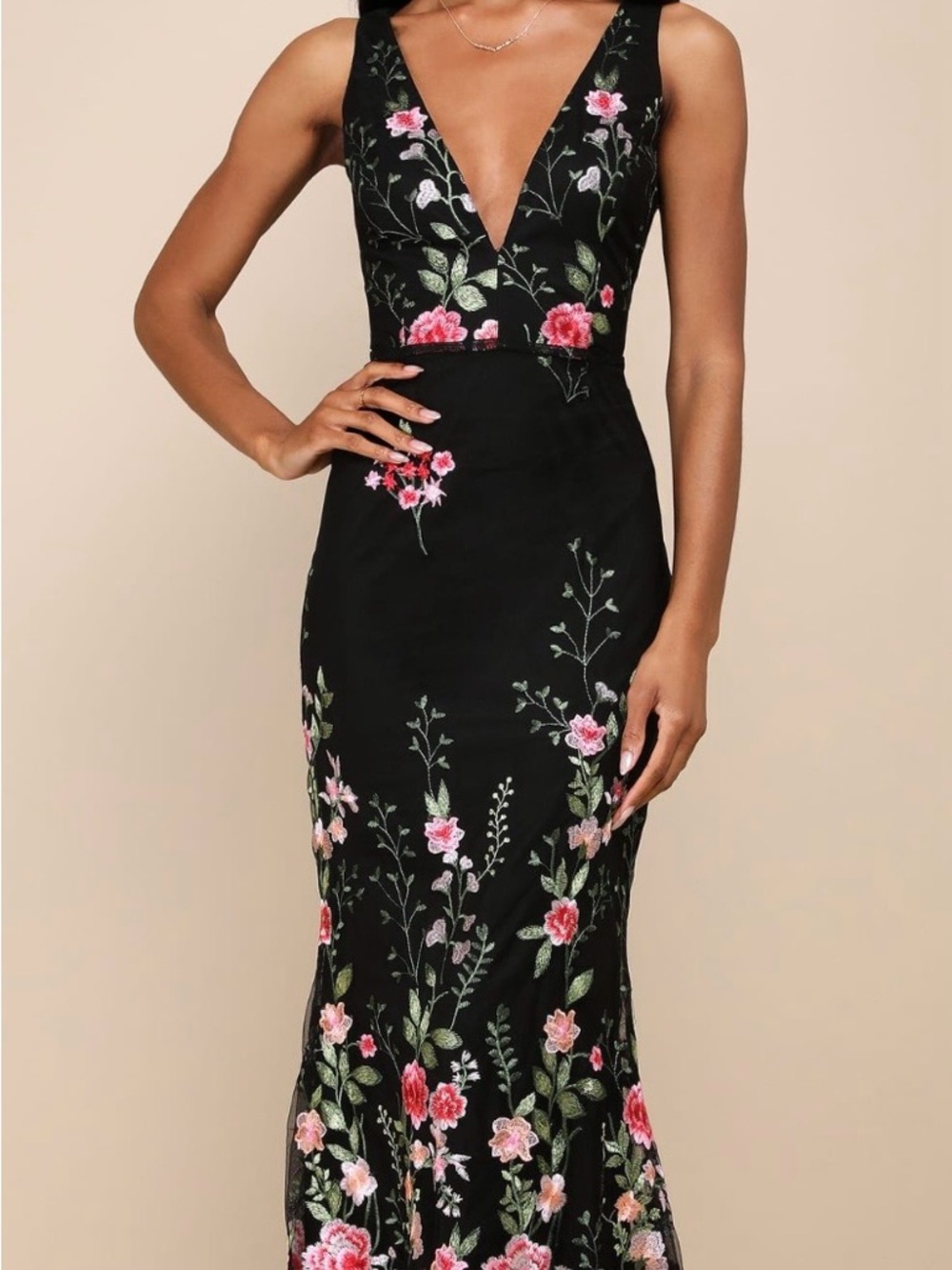 Lulu's Black Maxi Dress with Pink & Green Floral Embroidery